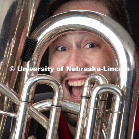 Studio portrait of Ravil Atlas, Lecturer in Music, Tuba/Euphonium, Glenn Korff School of Music. September 5, 2019. Photo by Greg Nathan / University Communication.