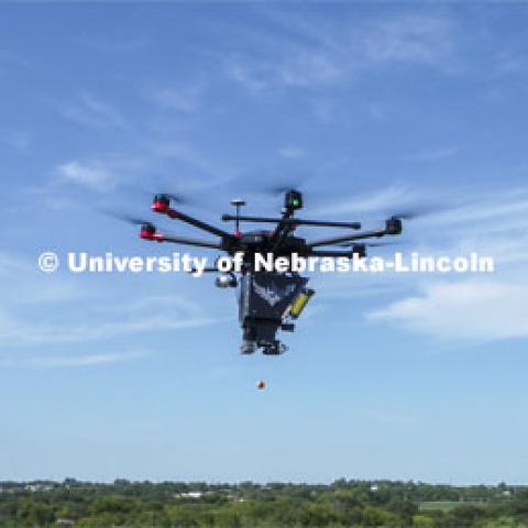 Carrick Detweiler and crew flies the Drone Amplified Ignis drone system which drops ball that ignite to create back burns to fight wildfires. September 6, 2019. Photo by Craig Chandler / University Communication.