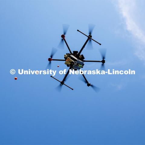 Carrick Detweiler and crew flies the Drone Amplified Ignis drone system which drops ball that ignite to create back burns to fight wildfires. September 6, 2019. Photo by Craig Chandler / University Communication.