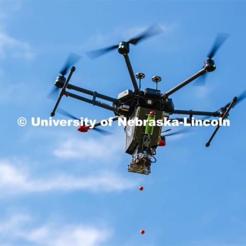 Carrick Detweiler and crew flies the Drone Amplified Ignis drone system which drops ball that ignite to create back burns to fight wildfires. September 6, 2019. Photo by Craig Chandler / University Communication.