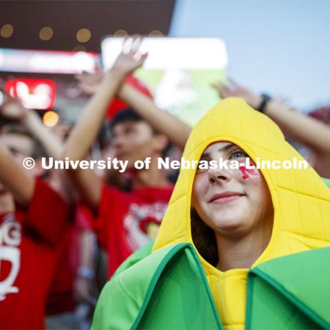 Fan dressed up like an ear of corn. Nebraska vs. Northern Illinois football game. September 14, 2019. Photo by Craig Chandler / University Communication.