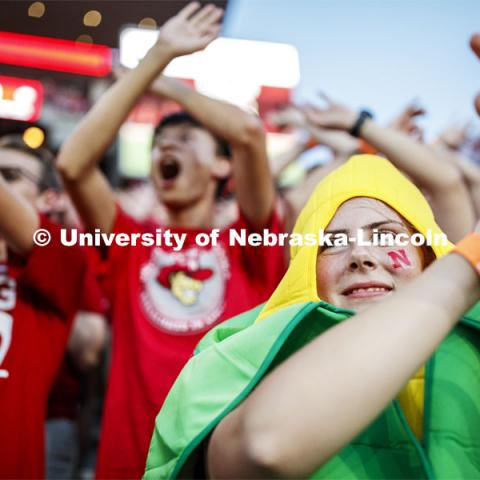 Fan dressed up like an ear of corn. Nebraska vs. Northern Illinois football game. September 14, 2019. Photo by Craig Chandler / University Communication.