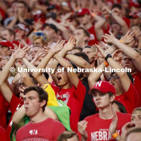 Fans in the Boneyard throw the bones. Nebraska vs. Northern Illinois football game. September 14, 2019. Photo by Craig Chandler / University Communication.