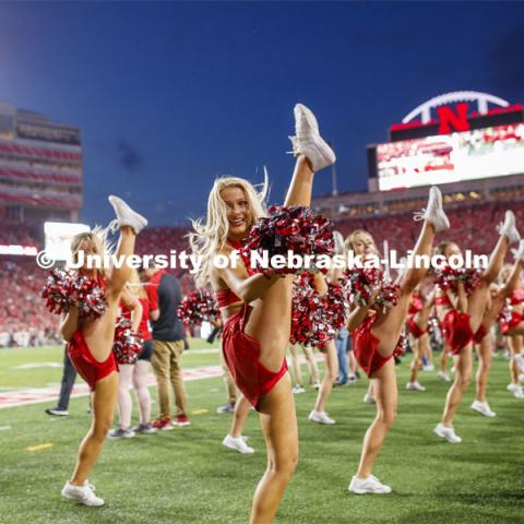 The Scarlets Dance Team puts on a performance at the Nebraska vs. Northern Illinois football game. September 14, 2019. Photo by Craig Chandler / University Communication.