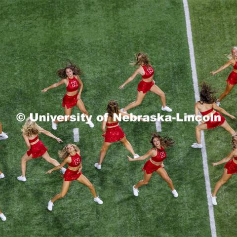 The Scarlets Dance Team puts on a performance at the Nebraska vs. Northern Illinois football game. September 14, 2019. Photo by Craig Chandler / University Communication.