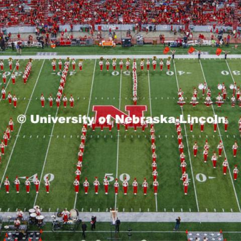 Cornhusker Marching Band spell out "Grit and Glory" durning their halftime show at the Nebraska vs. Northern Illinois football game. September 14, 2019. Photo by Craig Chandler / University Communication.