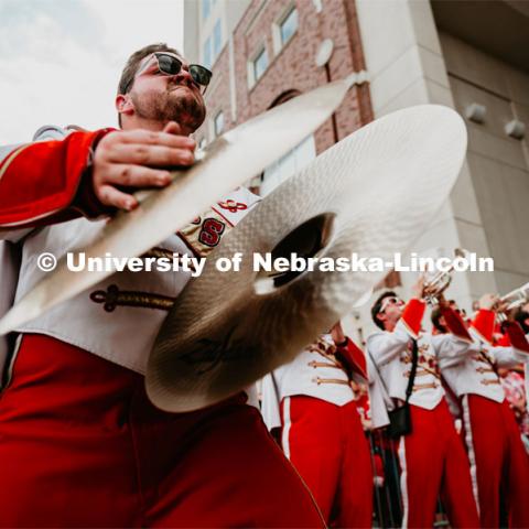 Cornhusker Marching Band, Luke Bogus playing cymbals at unity walk. Nebraska vs. Northern Illinois football game. September 14, 2019. Photo by Justin Mohling / University Communication.