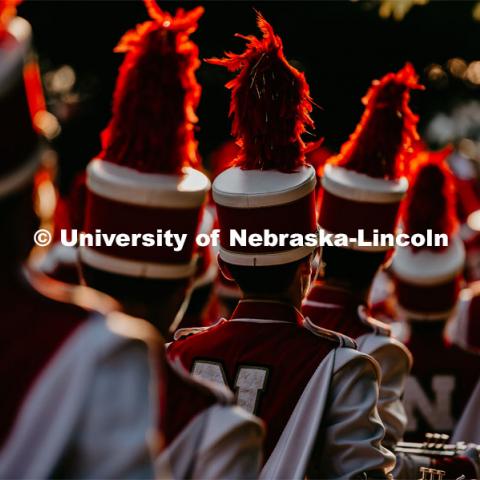 Cornhusker Marching Band trumpet section during march down. Nebraska vs. Northern Illinois football game. September 14, 2019. Photo by Justin Mohling / University Communication.