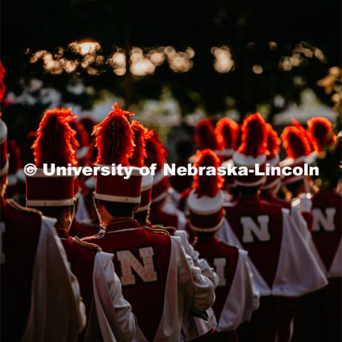 Cornhusker Marching Band trumpet section during march down. Nebraska vs. Northern Illinois football game. September 14, 2019. Photo by Justin Mohling / University Communication.