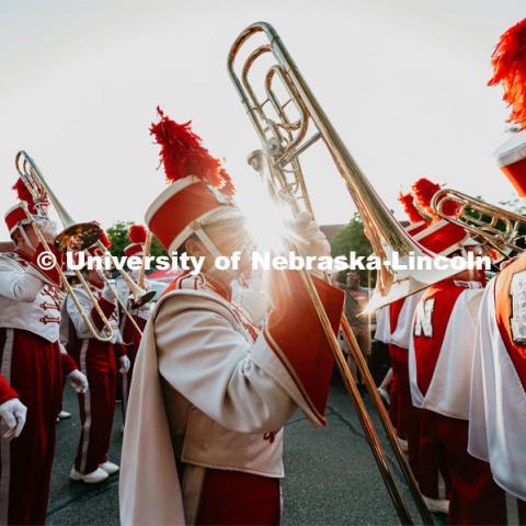 Cornhusker Marching Band trombones singing “band song”. Nebraska vs. Northern Illinois football game. September 14, 2019. Photo by Justin Mohling / University Communication.