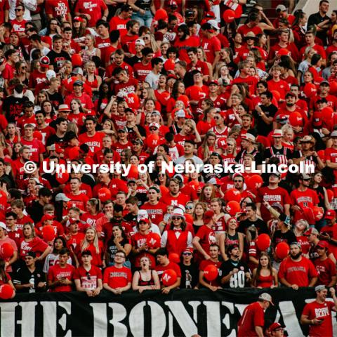 The Boneyard student section from across field. Nebraska vs. Northern Illinois football game. September 14, 2019. Photo by Justin Mohling / University Communication.