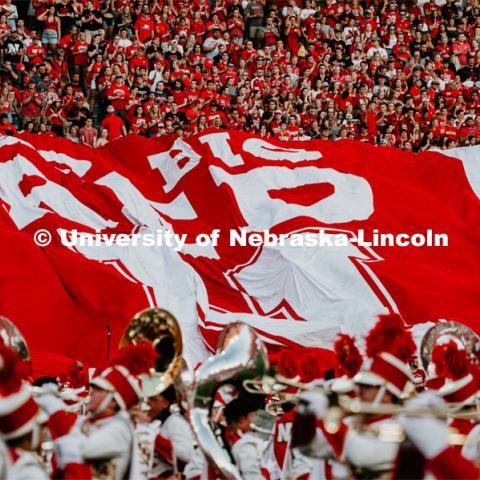 Engineering Go Big Red Flag is spread out over the fans. Nebraska vs. Northern Illinois football game. September 14, 2019. Photo by Justin Mohling / University Communication.