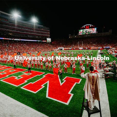 Cornhusker Marching Band playing to student section. Nebraska vs. Northern Illinois football game. September 14, 2019. Photo by Justin Mohling / University Communication.