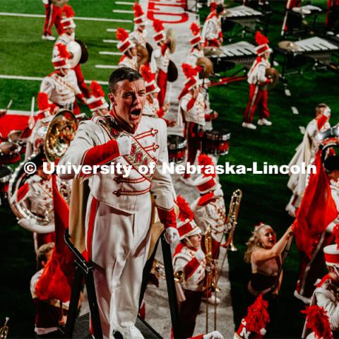 Ethan Millington Chants "Go Big Red" as the band completes their show. Nebraska vs. Northern Illinois football game. September 14, 2019. Photo by Justin Mohling / University Communication.