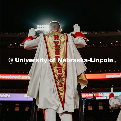 Ethan Millington directing the Cornhusker Marching Band. Nebraska vs. Northern Illinois football game. September 14, 2019. Photo by Justin Mohling / University Communication.