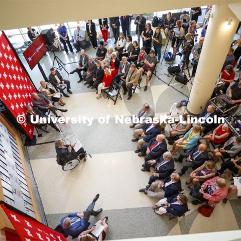 College of Engineering Dean Lance Perez speaks to the crowd at the announcement of the naming of Kiewit Hall, the new College of Engineering building on the UNL campus. September 16, 2019. Photo by Craig Chandler / University Communication.