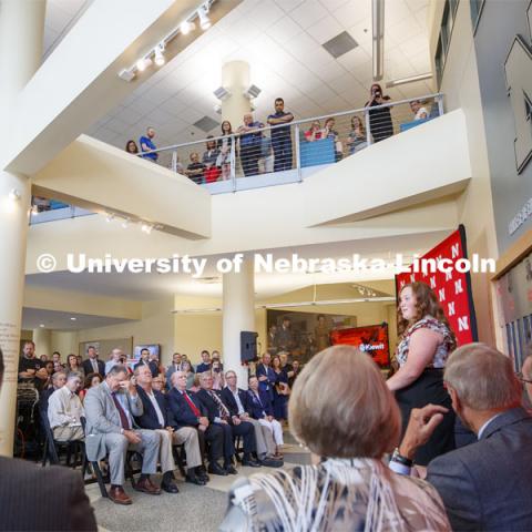 College of Engineering student Delaney Bachman, senior in chemical engineering, speaks to the crowd at the announcement of the naming of Kiewit Hall, the new College of Engineering building on the UNL campus. September 16, 2019. Photo by Craig Chandler / University Communication.