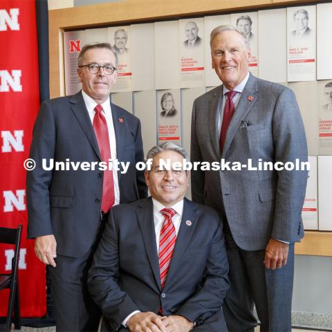 From left: Chancellor Ronnie Green, College of Engineering Dean, Lance Perez and Kiewit CEO Bruce Grewcock. Announcement of Kiewit Hall, the new College of Engineering building on the UNL campus. September 16, 2019. Photo by Craig Chandler / University Communication.