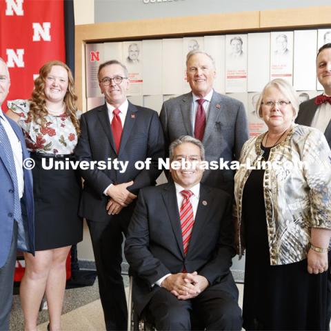 (left to right) Regent Tim Clare, Delaney Bachman, Student, Chancellor Ronnie Green; Bruce Grewcock, Susan Frit, NU Foundation, Brian Hastings, (in front) Engineering Dean, Lance Perez. Announcement of the naming of Kiewit Hall, the new College of Engineering building on the UNL campus. September 16, 2019. Photo by Craig Chandler / University Communication.