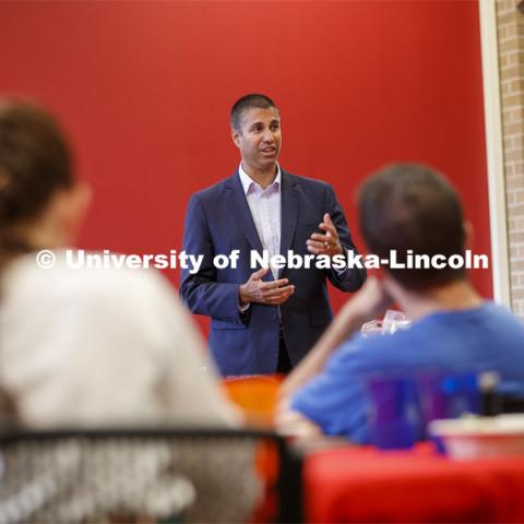 Ajit Pai, chairman of the Federal Communications Commission, talks at a luncheon at the law school. Pai visited the University of Nebraska–Lincoln on Sept. 18. The visit is hosted by the University of Nebraska College of Law’s Space, Cyber and Telecommunications Law program and its co-director Gus Hurwitz. September 18, 2019. Photo by Craig Chandler / University Communication.