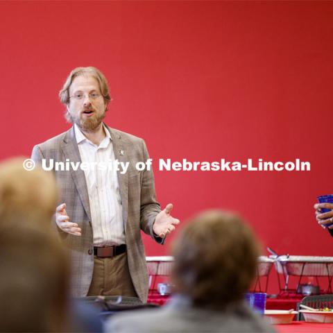 Gus Hurwitz, Co-Director, Space/Cyber/Telecomm Program and College of Law Associate Professor, and Ajit Pai, chairman of the Federal Communications Commission, talk at a luncheon at the law school. Pai visited the University of Nebraska–Lincoln on Sept. 18. The visit is hosted by the University of Nebraska College of Law’s Space, Cyber and Telecommunications Law program and its co-director Gus Hurwitz. September 18, 2019. Photo by Craig Chandler / University Communication.