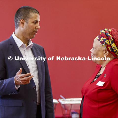 Ajit Pai, chairman of the Federal Communications Commission, is introduced by Anna Shavers, acting dean of the law school. Pai visited the University of Nebraska–Lincoln on Sept. 18. The visit is hosted by the University of Nebraska College of Law’s Space, Cyber and Telecommunications Law program and its co-director Gus Hurwitz. September 18, 2019. Photo by Craig Chandler / University Communication.