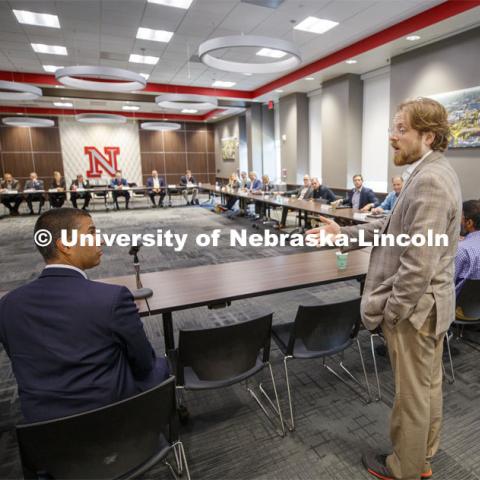 Ajit Pai, chairman of the Federal Communications Commission, and Gus Hurwitz, Co-Director, Space/Cyber/Telecomm Program and College of Law Associate Professor, talk at a Nebraska business roundtable at the Nebraska Union.  Pai visited the University of Nebraska–Lincoln on Sept. 18. The visit is hosted by the University of Nebraska College of Law’s Space, Cyber and Telecommunications Law program and its co-director Gus Hurwitz. September 18, 2019. Photo by Craig Chandler / University Communication.