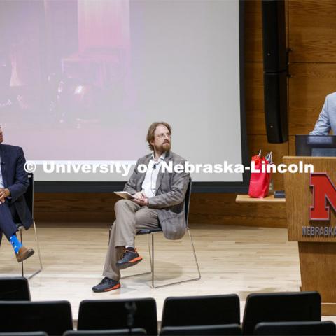 Ajit Pai, chairman of the Federal Communications Commission, and Gus Hurwitz, Co-Director, Space/Cyber/Telecomm Program and College of Law Associate Professor, listen to Richard Moberly, Interim Executive Vice Chancellor, introduce the fireside chat in the Nebraska Union auditorium. Pai visited the University of Nebraska–Lincoln on Sept. 18. The visit is hosted by the University of Nebraska College of Law’s Space, Cyber and Telecommunications Law program and its co-director Gus Hurwitz. September 18, 2019. Photo by Craig Chandler / University Communication.