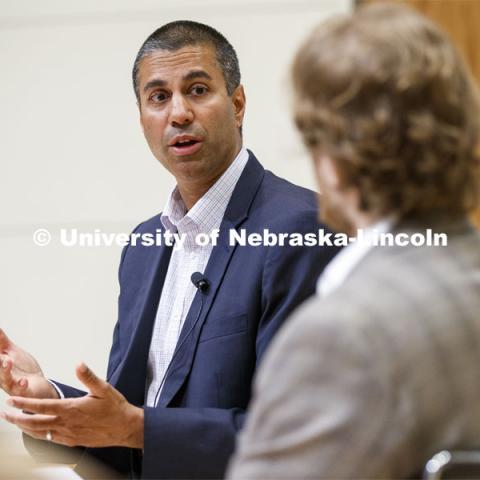 Ajit Pai, chairman of the Federal Communications Commission, talks with Gus Hurwitz, Co-Director, Space/Cyber/Telecomm Program and College of Law Associate Professor, at a fireside chat in the Nebraska Union auditorium. Pai visited the University of Nebraska–Lincoln on Sept. 18. The visit is hosted by the University of Nebraska College of Law’s Space, Cyber and Telecommunications Law program and its co-director Gus Hurwitz. September 18, 2019. Photo by Craig Chandler / University Communication.