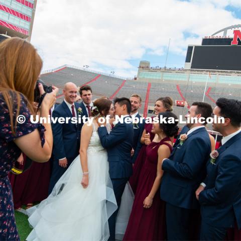 Homecoming week is a special time for Laura and Shayne Arriola. In 2017, the two were crowned homecoming king and queen, and Shayne proposed in front of 90,000 Husker fans. Two weeks ago, Laura and Shayne were married and celebrated their wedding with photos (taken by Brooke LaBenz Graham) at Memorial Stadium. September 21, 2019. Photo by Gregory Nathan / University Communication.