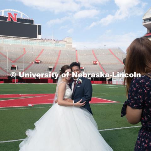 Homecoming week is a special time for Laura and Shayne Arriola. In 2017, the two were crowned homecoming king and queen, and Shayne proposed in front of 90,000 Husker fans. Two weeks ago, Laura and Shayne were married and celebrated their wedding with photos (taken by Brooke LaBenz Graham) at Memorial Stadium. September 21, 2019. Photo by Gregory Nathan / University Communication.