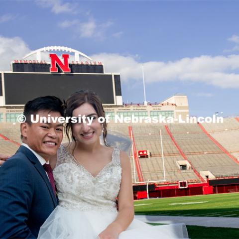 Homecoming week is a special time for Laura and Shayne Arriola. In 2017, the two were crowned homecoming king and queen, and Shayne proposed in front of 90,000 Husker fans. Two weeks ago, Laura and Shayne were married and celebrated their wedding with photos at Memorial Stadium. September 21, 2019. Photo by Gregory Nathan / University Communication.