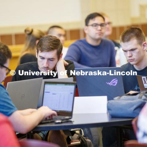 Students working on computers. Raikes school photo shoot. September 25, 2019. Photo by Craig Chandler / University Communication.