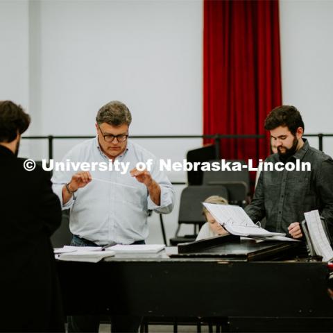 UNL Opera members rehearse Tyler White’s, The Gambler’s Son. UNL Opera will bring the world premiere of The Gambler’s Son to Cozad, Nebraska, October 17, 2019. Pictured: Tyler White conducting students. September 27, 2019. Photo by Justin Mohling / University Communication.