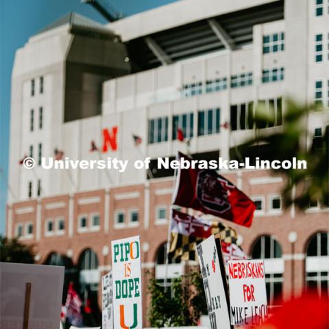 Memorial Stadium with signs for GameDay. Nebraska vs. Ohio State University football game. September 28, 2019. Photo by Justin Mohling / University Communication.