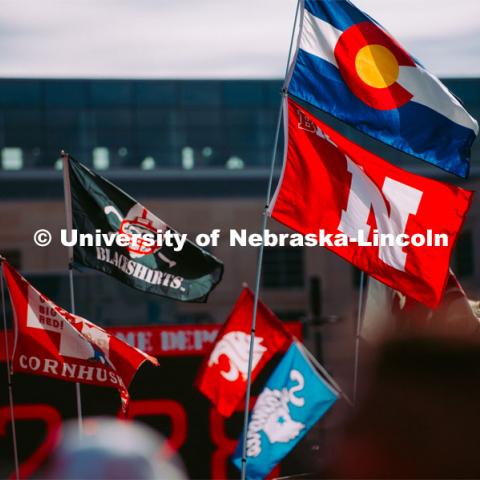 Husker flags for GameDay. Nebraska vs. Ohio State University football game. September 28, 2019. Photo by Justin Mohling / University Communication.