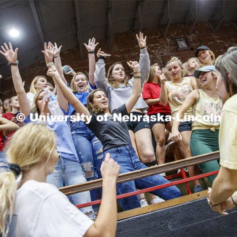 Chi Omega sorority members cheer before the performance. Showtime at the Coliseum performances as part of Homecoming week. September 30, 2019. Photo by Craig Chandler / University Communication.