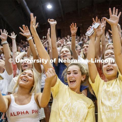 Alpha Phi sorority members cheer before the performance. Showtime at the Coliseum performances as part of Homecoming week. September 30, 2019. Photo by Craig Chandler / University Communication.