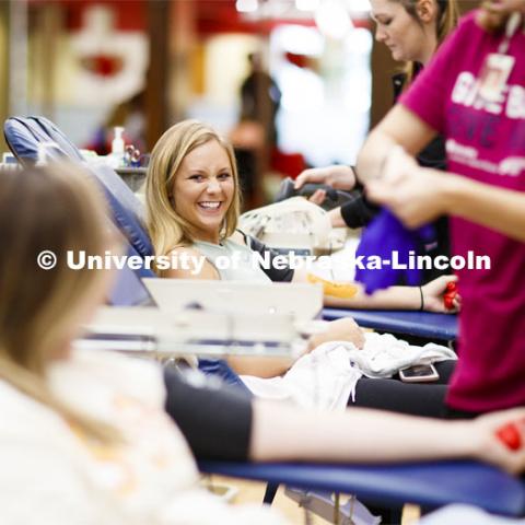 Nataleagh Sitorius talks with her friend Corrie Schneider at the blood drive. The two Gamma Phi Betas were donating Wednesday. Bleed Husker Red: Global Blood Drive at the Nebraska Union, Centennial Room. October 2, 2019. Photo by Craig Chandler / University Communication.