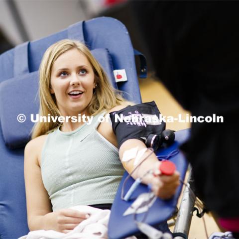 Nataleagh Sitorius donates blood at the ASUN blood drive. Bleed Husker Red: Global Blood Drive at the Nebraska Union, Centennial Room. October 2, 2019. Photo by Craig Chandler / University Communication.