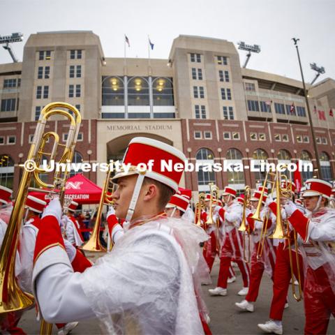 Cornhusker Marching Band parades past Memorial Stadium. Cornstock celebration and Homecoming Parade. October 4, 2019. Photo by Craig Chandler / University Communication.