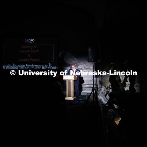 Pictured: Bob Wilhelm, Vice Chancellor of Economic and Research Development. Debra Kleve White, alumni and former member of the spirit squad, presents the Homecoming Nebraska Lecture, “Louise Pound and the History of UNL School Spirit”. October 4, 2019. Photo by Craig Chandler / University Communication.