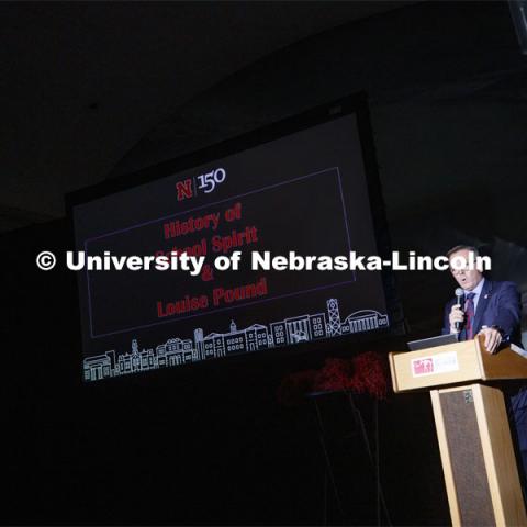 Chancellor Ronnie Green introduces the speaker for the Nebraska Lecture. Debra Kleve White, alumni and former member of the spirit squad, presents the Homecoming Nebraska Lecture, “Louise Pound and the History of UNL School Spirit”. October 4, 2019. Photo by Craig Chandler / University Communication.