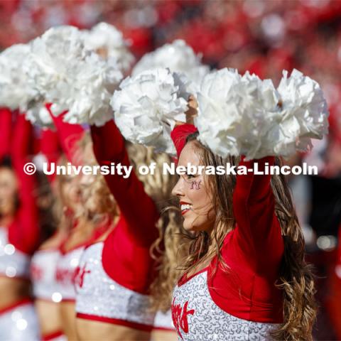 The Scarlet dance team performs in the second quarter of the Nebraska vs. Northwestern University football game. Homecoming 2019. October 5, 2019.  Photo by Craig Chandler / University Communication.