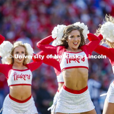 The Scarlet dance team performs in the second quarter of the Nebraska vs. Northwestern University football game. Homecoming 2019. October 5, 2019.  Photo by Craig Chandler / University Communication.