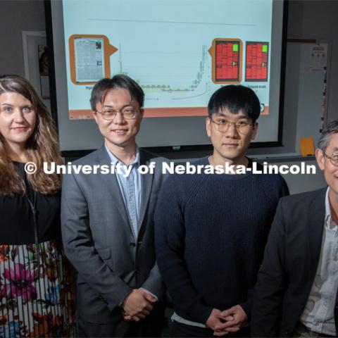 Members of the Aida lab (from left) Chulwood Pack, graduate student; Elizabeth Lorang, associate professor in University Libraries; Yi Liu, graduate student; and Leen-Kiat Soh, professor of computer science and engineering, recently completed research on using machine learning in digital libraries for the United States Library of Congress. October 7, 2019. Photo by Gregory Nathan / University Communication.