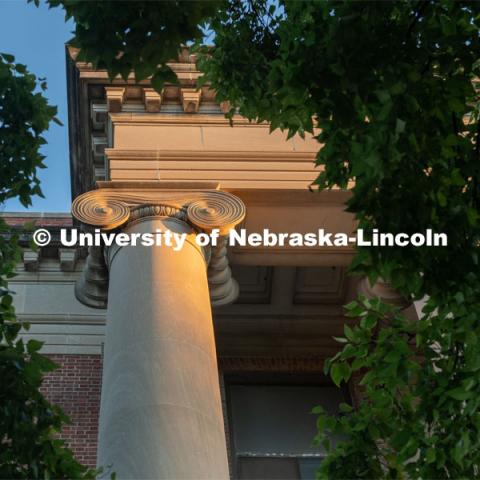 Close up of Louise Pound Hall (formerly College of Business) at sunrise. October 8, 2019. Photo by Gregory Nathan / University Communication.