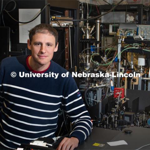 Nebraska's Martin Centurion has earned a $2 million U.S. Department of Energy grant to capture moving images of single molecules in chemical transformations triggered by light. Martin heads the Ultrafast Dynamics laboratory. October 16, 2019. Photo by Greg Nathan / University Communication