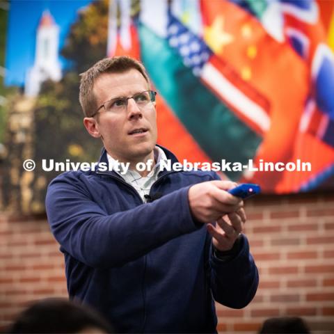 The National Association of Biology Teachers will recognize Brian Couch, associate professor of biological sciences, with its annual Research in Biology Education Award at an upcoming meeting in Chicago. Brian is pictured in a lecture hall teaching a class. October 16, 2019. Photo by Greg Nathan / University Communication.