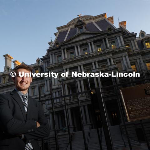 Ryan Bentz, Junior in Political Science major, outside the White House and the Eisenhower Executive Office Building where he works in Washington D.C.  October 17, 2019. Photo by Craig Chandler / University Communication.